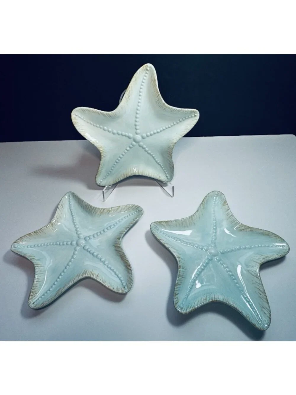 Blue Sky 2007 Starfish Set Of 3 Snack Plate Trinket Dish Beach Decor Aqua 8”